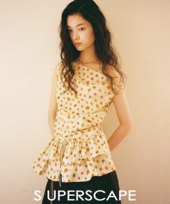 Lightweight Breathable Orange Floral Print Off-Shoulder Lace Knot Waist Top - Pure Cotton Summer Style