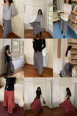 Lightweight Chiffon Plaid Irregular Hem Checkered Skirt - Trendy 90s Style Draped Design for Effortless Chic Look