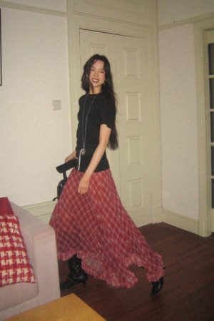 Lightweight Chiffon Plaid Irregular Hem Checkered Skirt - Trendy 90s Style Draped Design for Effortless Chic Look