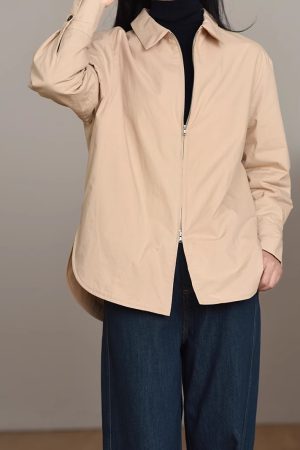Lightweight Cotton Padded Shirt - Elegant Minimalist Zippered Commuting Top, Versatile Loose-Fit Design for Everyday Wear