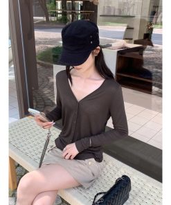 Lightweight Double-Breasted Tencel Wool Knitted Cardigan for Women - Stylish Layering Essential