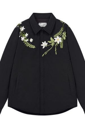 Lightweight Floral Embroidery Cardigan Jacket with Minimalist Collar - Stylish Layering Piece for 90s and Y2K Fashion Enthusiasts