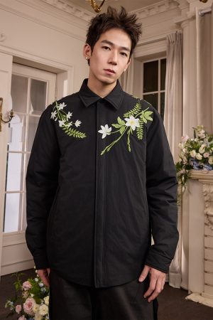 Lightweight Floral Embroidery Cardigan Jacket with Minimalist Collar - Stylish Layering Piece for 90s and Y2K Fashion Enthusiasts