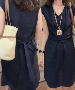 Lightweight Luxury Women's Dress with Flying Sleeves, Loose Waist-Cinching Rope, Cotton-Linen Blend, Stylish Summer Fashion