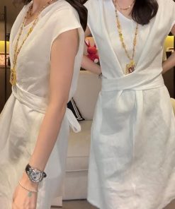 Lightweight Luxury Women's Dress with Flying Sleeves, Loose Waist-Cinching Rope, Cotton-Linen Blend, Stylish Summer Fashion