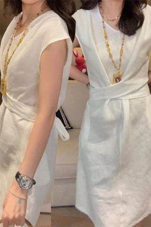 Lightweight Luxury Women's Dress with Flying Sleeves, Loose Waist-Cinching Rope, Cotton-Linen Blend, Stylish Summer Fashion