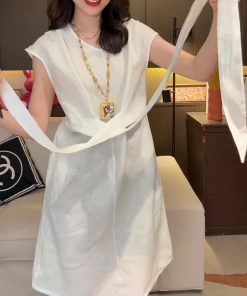 Lightweight Luxury Women's Dress with Flying Sleeves, Loose Waist-Cinching Rope, Cotton-Linen Blend, Stylish Summer Fashion