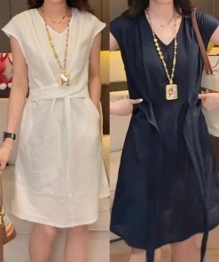 Lightweight Luxury Women's Dress with Flying Sleeves, Loose Waist-Cinching Rope, Cotton-Linen Blend, Stylish Summer Fashion