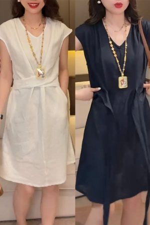 Lightweight Luxury Women's Dress with Flying Sleeves, Loose Waist-Cinching Rope, Cotton-Linen Blend, Stylish Summer Fashion