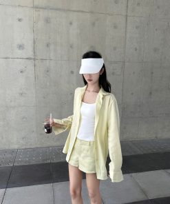 Lightweight Minimalist Tencel Linen Long Sleeve Shirt and Shorts Set for Women - Casual Summer Outfit, Chic 90s Style