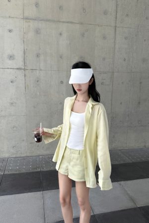 Lightweight Minimalist Tencel Linen Long Sleeve Shirt and Shorts Set for Women - Casual Summer Outfit, Chic 90s Style