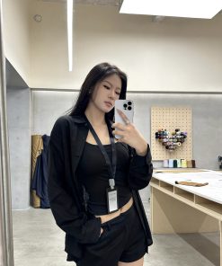 Lightweight Minimalist Tencel Linen Long Sleeve Shirt and Shorts Set for Women - Casual Summer Outfit, Chic 90s Style