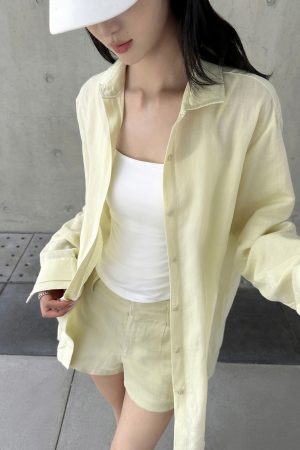 Lightweight Minimalist Tencel Linen Long Sleeve Shirt and Shorts Set for Women - Casual Summer Outfit, Chic 90s Style