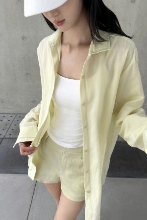Lightweight Minimalist Tencel Linen Long Sleeve Shirt and Shorts Set for Women - Casual Summer Outfit, Chic 90s Style