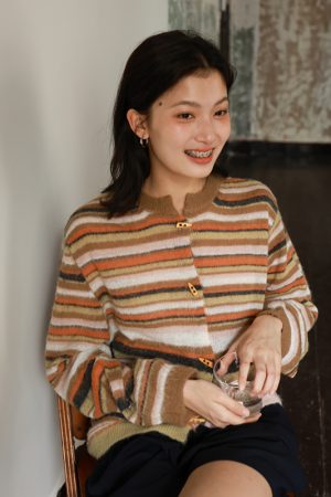 Lightweight Reversible Mohair Cardigan - Loose-Fitting Golden Orange Caramel Striped Knit - Trendy 90s Y2K Style Outerwear