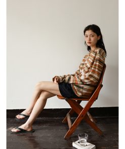 Lightweight Reversible Mohair Cardigan - Loose-Fitting Golden Orange Caramel Striped Knit - Trendy 90s Y2K Style Outerwear