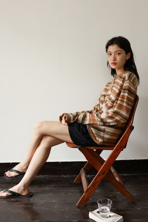 Lightweight Reversible Mohair Cardigan - Loose-Fitting Golden Orange Caramel Striped Knit - Trendy 90s Y2K Style Outerwear