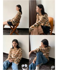 Lightweight Reversible Mohair Cardigan - Loose-Fitting Golden Orange Caramel Striped Knit - Trendy 90s Y2K Style Outerwear