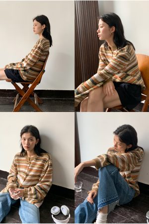 Lightweight Reversible Mohair Cardigan - Loose-Fitting Golden Orange Caramel Striped Knit - Trendy 90s Y2K Style Outerwear