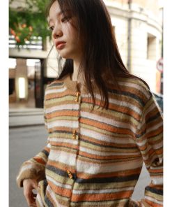Lightweight Reversible Mohair Cardigan - Loose-Fitting Golden Orange Caramel Striped Knit - Trendy 90s Y2K Style Outerwear