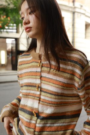 Lightweight Reversible Mohair Cardigan - Loose-Fitting Golden Orange Caramel Striped Knit - Trendy 90s Y2K Style Outerwear