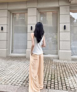 Lightweight Striped Casual Pants for Summer in Orange and Pink with Elastic Waist - Trendy Leisure Wear for Relaxed Days