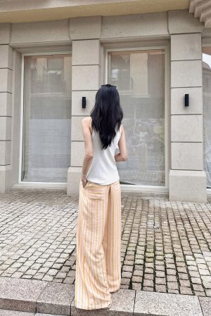 Lightweight Striped Casual Pants for Summer in Orange and Pink with Elastic Waist - Trendy Leisure Wear for Relaxed Days