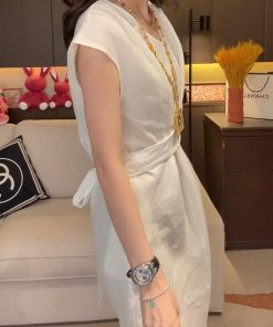 Lightweight Summer Cotton-Linen Dress with Flying Sleeves, Loose Waist-Cinching Rope, Slimming Stylish Women's Fashion Dress