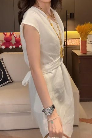 Lightweight Summer Cotton-Linen Dress with Flying Sleeves, Loose Waist-Cinching Rope, Slimming Stylish Women's Fashion Dress