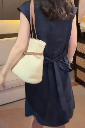 Lightweight Summer Cotton-Linen Dress with Flying Sleeves, Loose Waist-Cinching Rope, Slimming Stylish Women's Fashion Dress