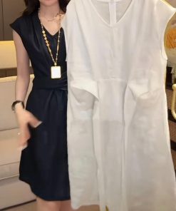 Lightweight Summer Cotton-Linen Dress with Flying Sleeves, Loose Waist-Cinching Rope, Slimming Stylish Women's Fashion Dress
