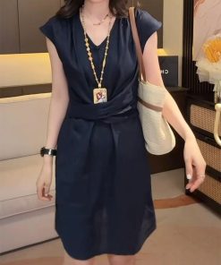 Lightweight Summer Cotton-Linen Dress with Flying Sleeves, Loose Waist-Cinching Rope, Slimming Stylish Women's Fashion Dress