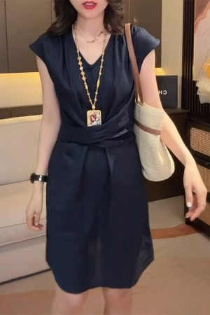 Lightweight Summer Cotton-Linen Dress with Flying Sleeves, Loose Waist-Cinching Rope, Slimming Stylish Women's Fashion Dress