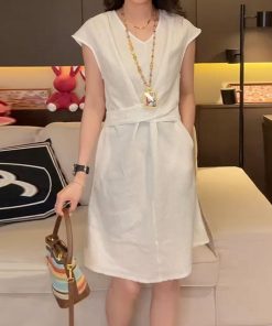 Lightweight Summer Cotton-Linen Dress with Flying Sleeves, Loose Waist-Cinching Rope, Slimming Stylish Women's Fashion Dress