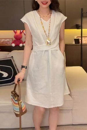 Lightweight Summer Cotton-Linen Dress with Flying Sleeves, Loose Waist-Cinching Rope, Slimming Stylish Women's Fashion Dress