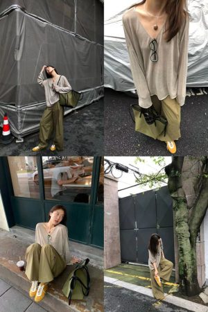 Lightweight Textured V-Neck Linen T-Shirt Top for Women - Versatile Pumpkin Color with Sun Protection, Korean Style Fashion