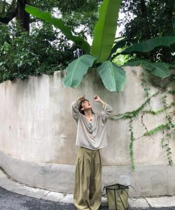 Lightweight Textured V-Neck Linen T-Shirt Top for Women - Versatile Pumpkin Color with Sun Protection, Korean Style Fashion