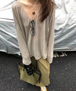 Lightweight Textured V-Neck Linen T-Shirt Top for Women - Versatile Pumpkin Color with Sun Protection, Korean Style Fashion