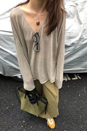 Lightweight Textured V-Neck Linen T-Shirt Top for Women - Versatile Pumpkin Color with Sun Protection, Korean Style Fashion