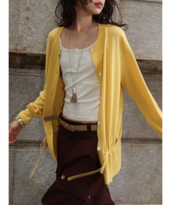 Lightweight Ultra-Fine Yarn Long Sleeve Cardigan with Drawstring, Relaxed Fit, Sun Protection, Cool Feeling, Perfect for Layering
