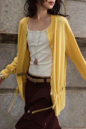 Lightweight Ultra-Fine Yarn Long Sleeve Cardigan with Drawstring, Relaxed Fit, Sun Protection, Cool Feeling, Perfect for Layering