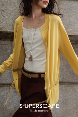 Lightweight Ultra-Fine Yarn Long Sleeve Cardigan with Drawstring, Relaxed Fit, Sun Protection, Cool Feeling, Perfect for Layering