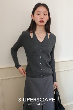 Lightweight V-Neck Faux Two-Piece Wool Knitted Cardigan for Commuting - Stylish and Machine Washable, Perfect for Y2K Fashion