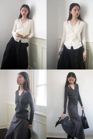 Lightweight V-Neck Faux Two-Piece Wool Knitted Cardigan for Commuting - Stylish and Machine Washable, Perfect for Y2K Fashion