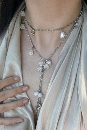 Lily of the Valley Flower Necklace for Women, Long Tassel Pendant, Layered Clavicle Chain, Elegant Floral Sweater Accessory