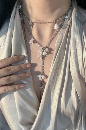 Lily of the Valley Flower Necklace for Women, Long Tassel Pendant, Layered Clavicle Chain, Elegant Floral Sweater Accessory