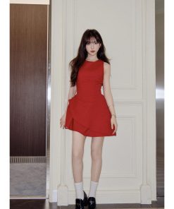 Limited Red Rose Designer Cut Sleeveless Dress for Women, Waist-Defining Slimming Bud Skirt, Perfect for Y2K and Romantic Style