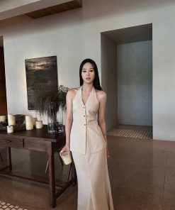 Linen Halter Double Tie Two-Piece Set with Draping, Backless Top and Mermaid Skirt, Available in Two Colors, Perfect for Summer Events