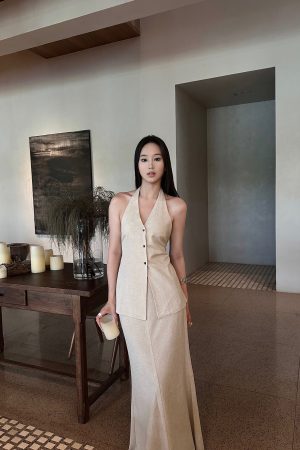 Linen Halter Double Tie Two-Piece Set with Draping, Backless Top and Mermaid Skirt, Available in Two Colors, Perfect for Summer Events