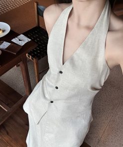 Linen Halter Double Tie Two-Piece Set with Draping, Backless Top and Mermaid Skirt, Available in Two Colors, Perfect for Summer Events